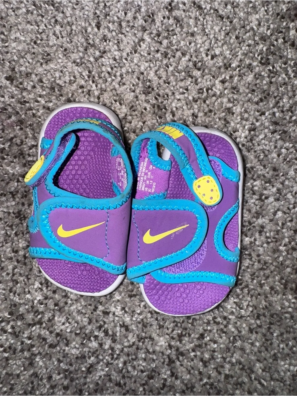 Nike Toddler Purple Sandals with Teal Trim and Yellow Swoosh